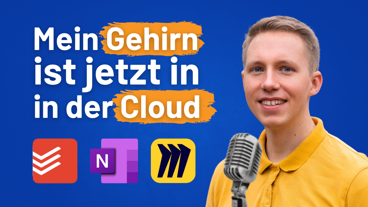 Mann spricht ins Mikrofon, "Mein Gehirn ist jetzt in der Cloud" mit Notizen, Notion & Todoist Icons. GTD.