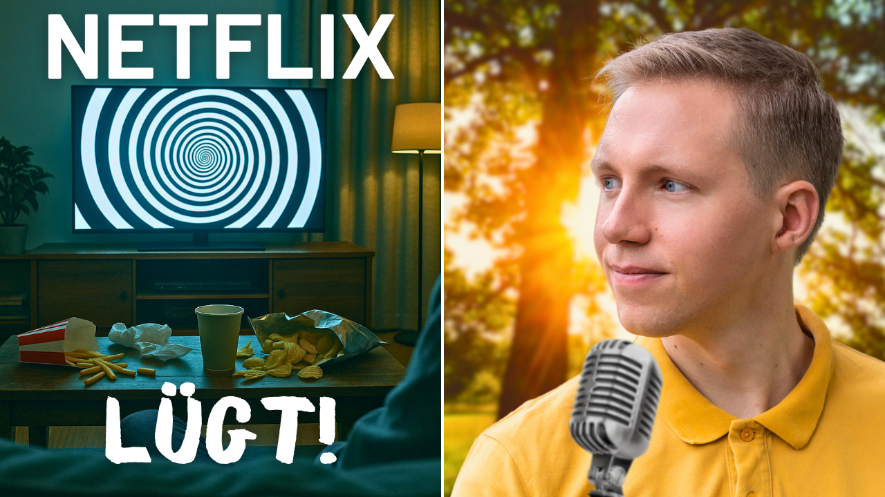 Netflix-Bildschirm zeigt hypnotische Spirale, Chips und Pommes; Mann spricht ins Mikrofon. „Netflix lügt!“