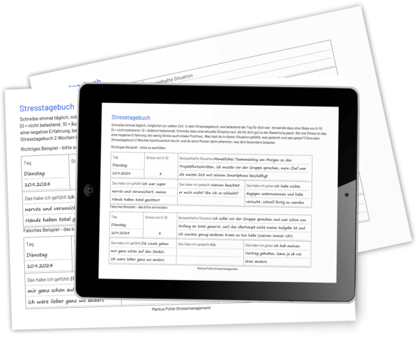 Ein Mockup vom kostenlosen Stresstagebuch auf einem Ipad und als gedrucktes Papier