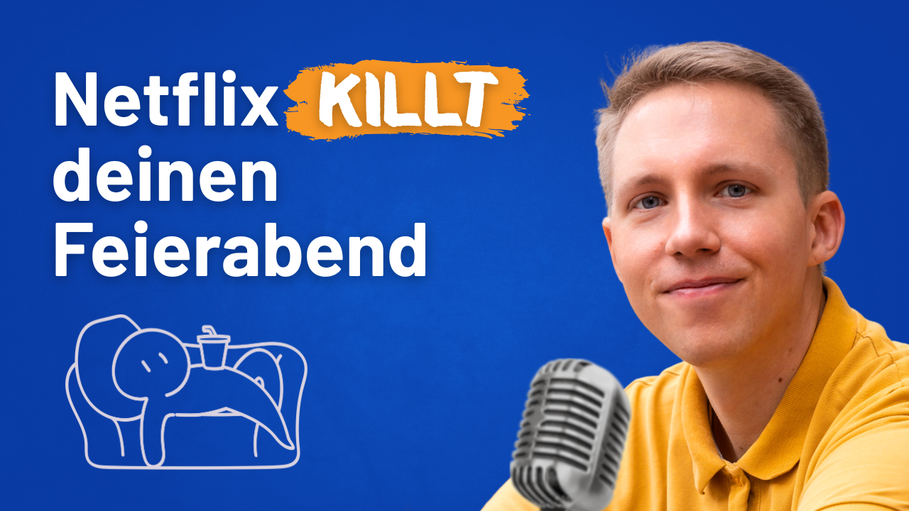 Mann mit Mikrofon, Text: Netflix killt deinen Feierabend, Illustration entspannter Person auf Sofa
