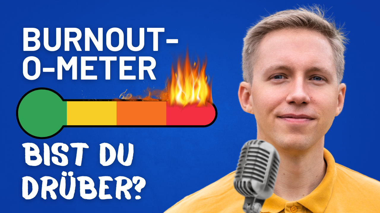 Burnout-O-Meter: Bist du drüber? Man with microphone, burnout progress bar.