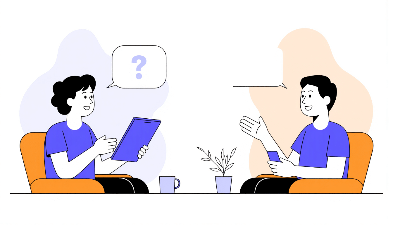 Zwei Personen diskutieren über paraverbale Kommunikation, eine hält ein Tablet.