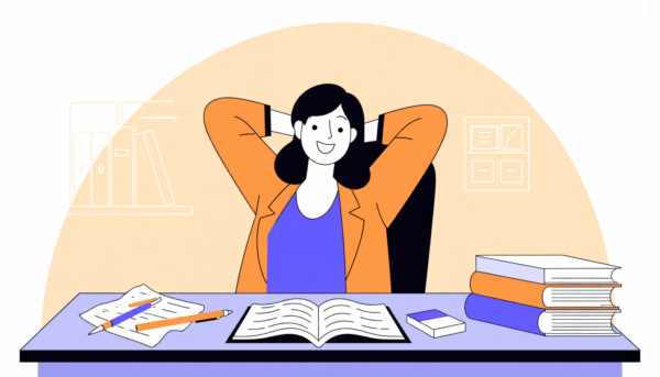 Glücklicher Student entspannt am Schreibtisch mit offenem Buch, Stiften und Lehrbüchern.