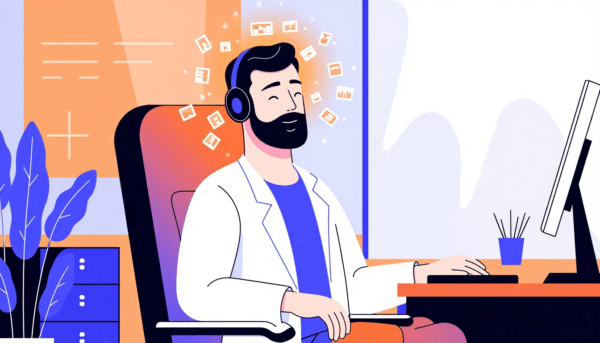 Entspannter Mann mit Kopfhörern bei der Arbeit am Computer, Stressabbau bei der Arbeit.