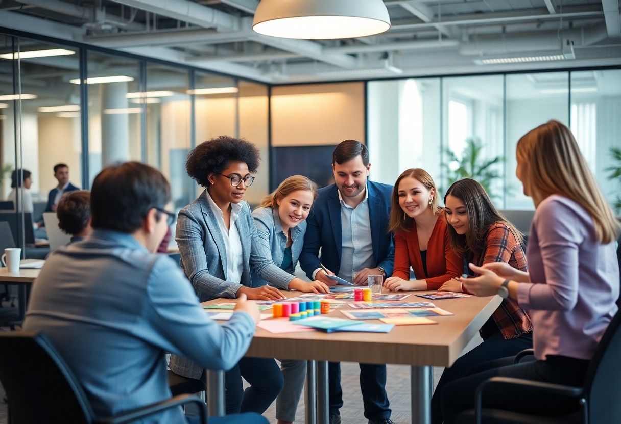 Viele Kolleginnen stehen im Büro um einen großen Konferenztisch mit vielen farbigen Bauklötzen und bearbeiten ein Teambuilding-Spiel