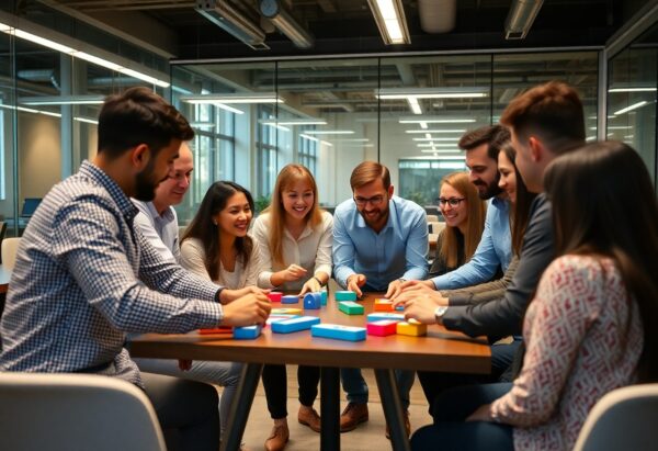 Eine Gruppe Büroarbeiter sitzt um einen großen Konferenztisch und betreibt mit Bauklötzen ein Teambuilding-Spiel