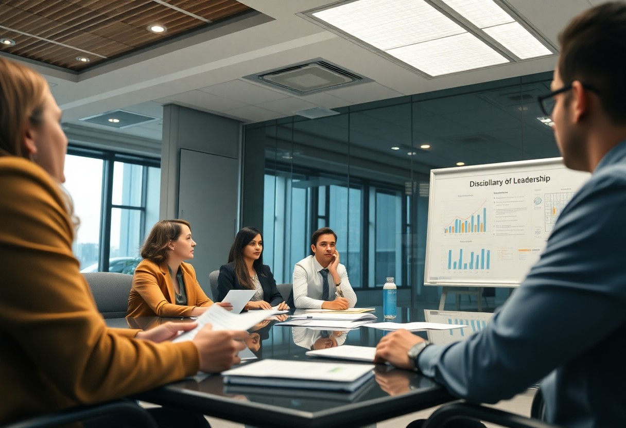 Einige Büromitarbeitende sitzen an einem Konferenztisch und blicken auf ihre Notizen. Meetings sind eine wichtige Maßnahme, um die Unternehmensrichtlinien zu kommunizieren.