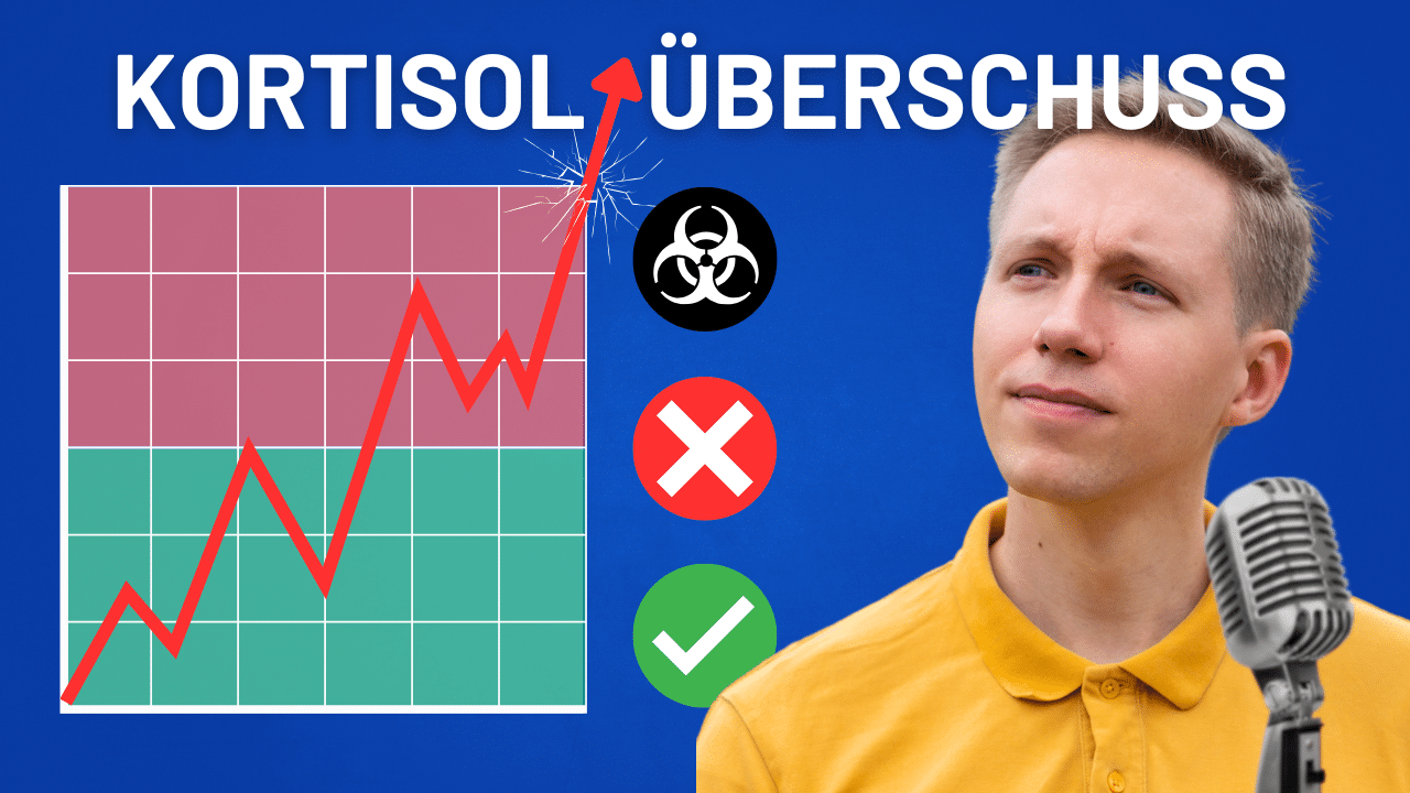Die Grafik zeigt den Anstieg des Cortisolspiegels und veranschaulicht chronischen Stress. Biogefährdungssymbol, Häkchen und X heben die Auswirkungen von Stress hervor. „KORTISOL ÜBERSCHUSS“ ist sichtbar.