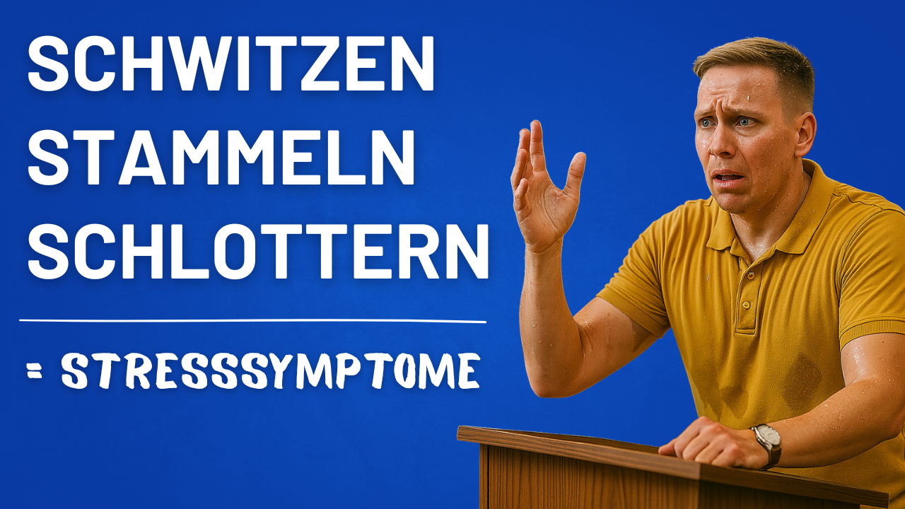 Mann schwitzt, stottert und zeigt Stresssymptome. Auswirkungen von Stresshormonen.