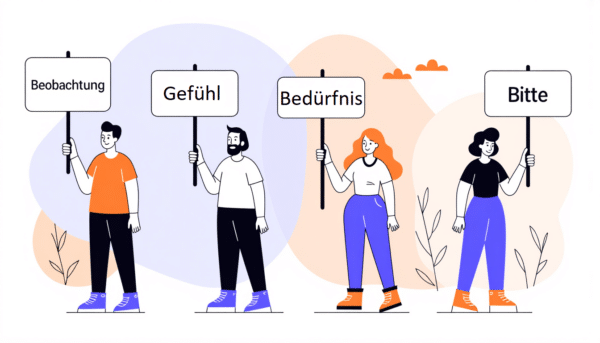 Vier Personen halten Schilder mit der Aufschrift „Beobachtung“, „Gefühl“, „Bedürfnis“ und „Bitte“.