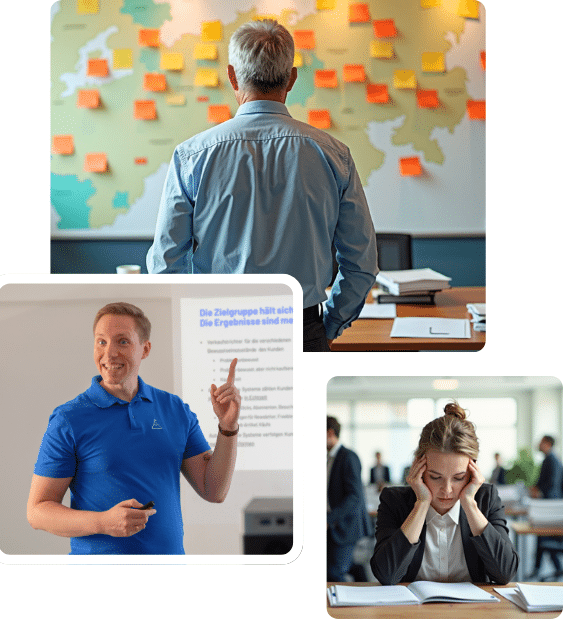 Drei unterschiedliche Fachleute: Einer präsentiert, einer geht Notizen durch und einer betrachtet ein Whiteboard mit Haftnotizen. Stressbewältigungs-Coaching.