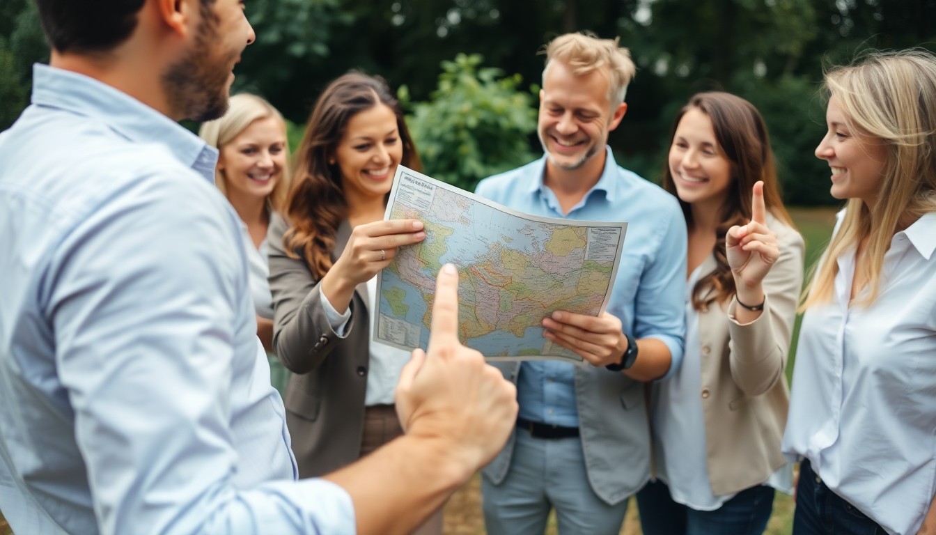 Büro-Kolleginnen stehen im Freien mit einer Landkarte in der Hand für eine Schatzsuche als Teambuilding-Spiel. Verschiedene Personen zeigen mit dem Finger in unterschiedliche Richtungen.