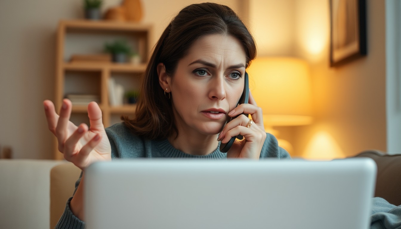 Frau-telefoniert-vor-ihrem-Laptop-von-zuhause