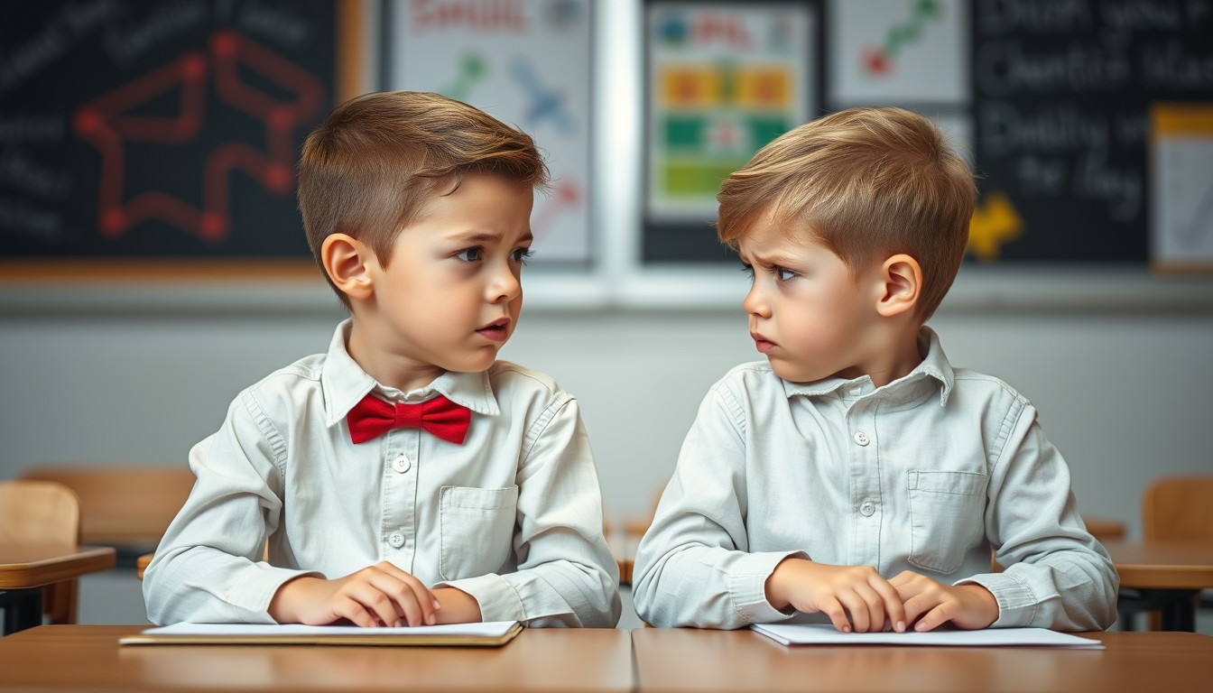 Zwei Kinder auf der Schulbank schauen sich wütend an