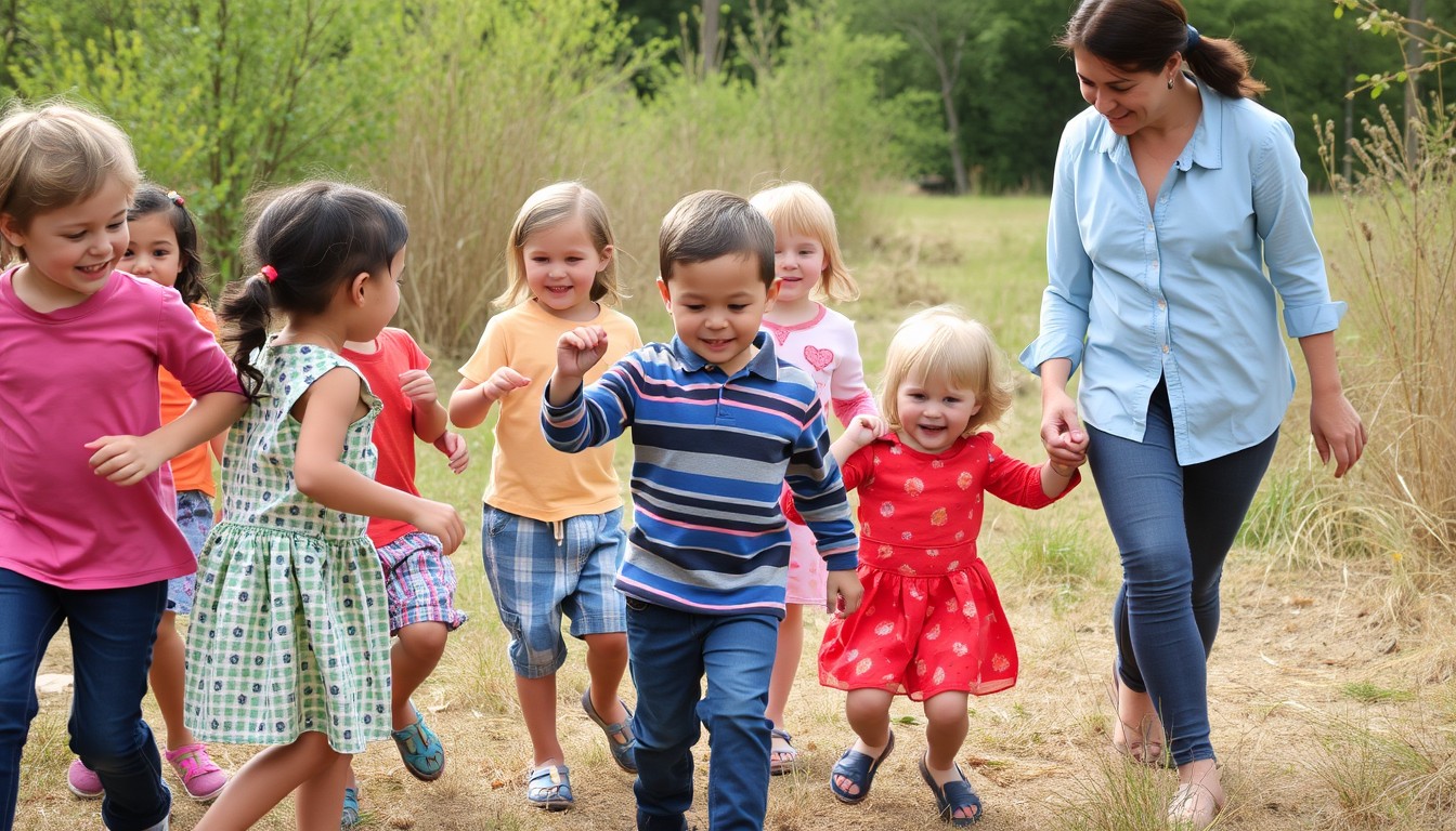 Eine Gruppe Kinder spielt in der Natur und wird von einer Erzieherin begleitet