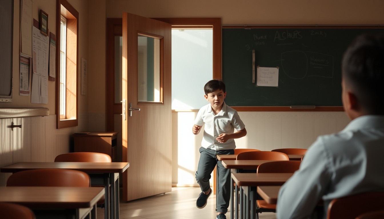 Ein Junge läuft durch die offene Tür in den Klassenraum