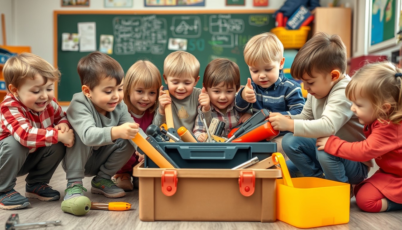 Eine Gruppe Kinder bedient sich an einem Werkzeugkoffer in einem Kindergarten