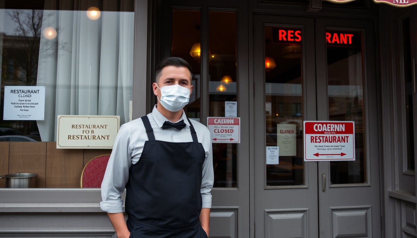 Kellner-mit-Atemschutzmaske-steht-vor-einem-geschlossenen-Restaurant