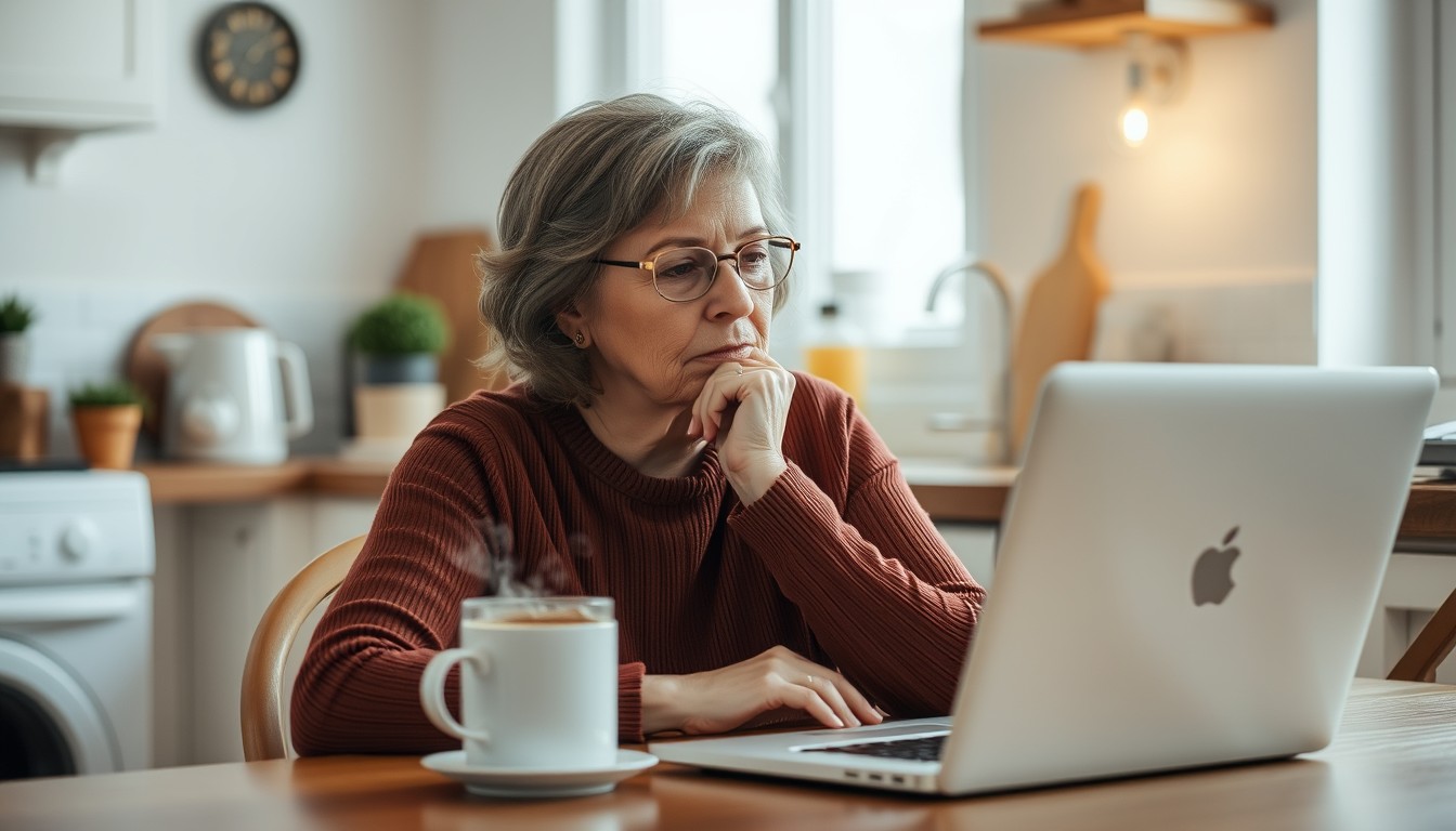 Frau vor dem Laptop in ihrer Küche mit einem heißen Kaffee