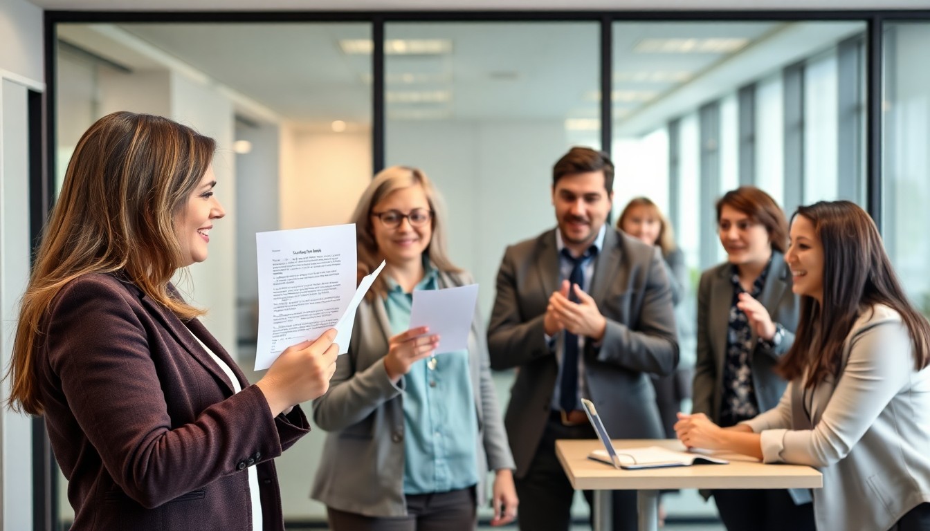 Eine Frau liest ihren Begriff vor, um ihn gleich pantomimisch darzustellen. Eine Teambuilding-Übung fürs Büro.