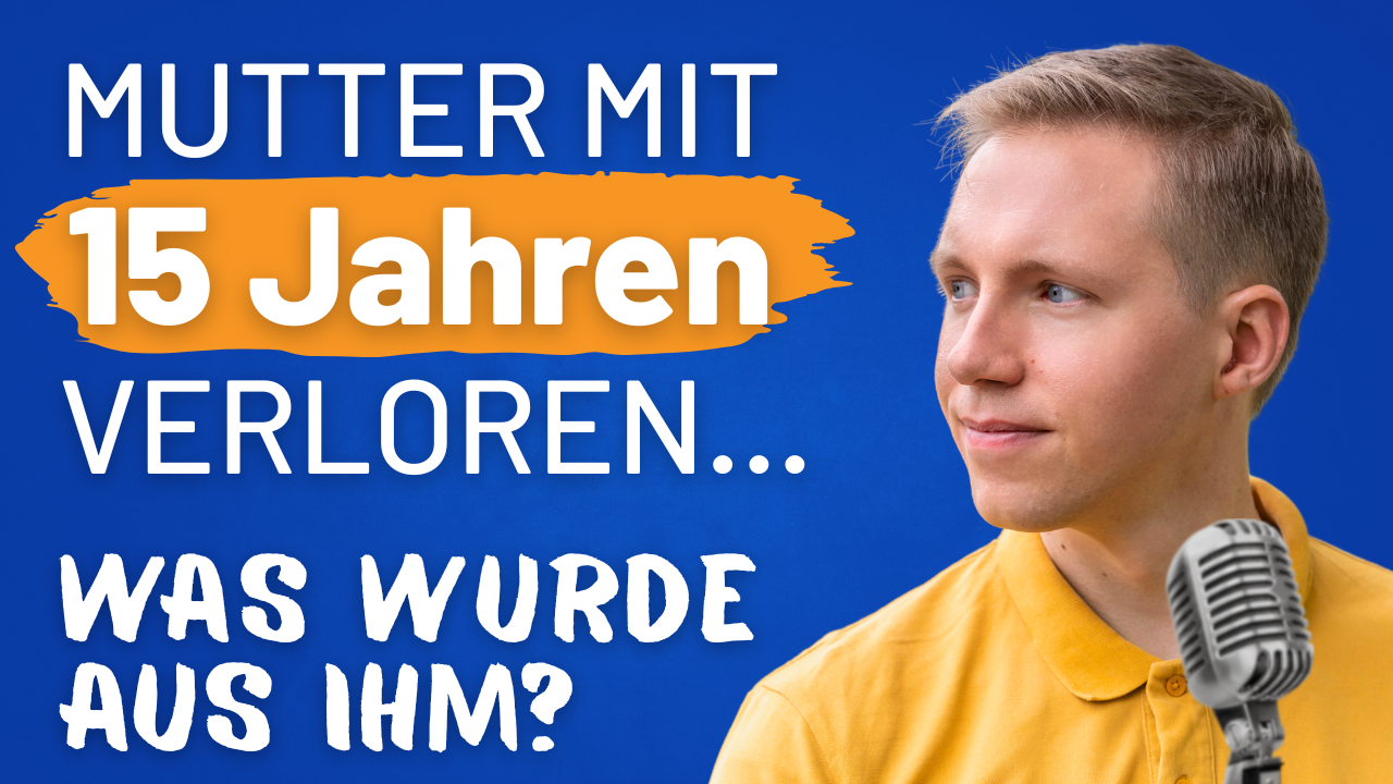 Young man in yellow shirt, speaking into microphone. "Mutter mit 15 Jahren verloren... Was wurde aus ihm?