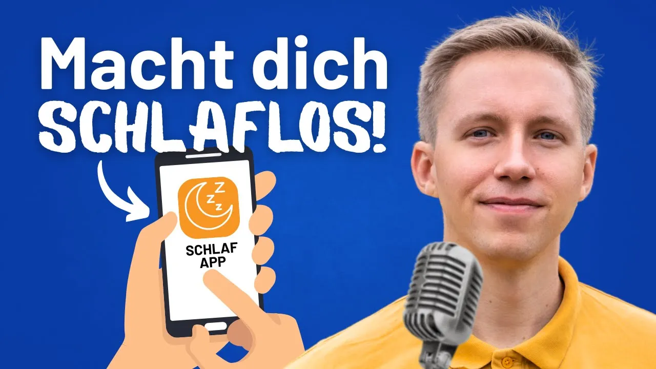 Mann hält Smartphone und zeigt Schlaf-Tracking-App, Text: „Macht dich SCHLAFLOS!“